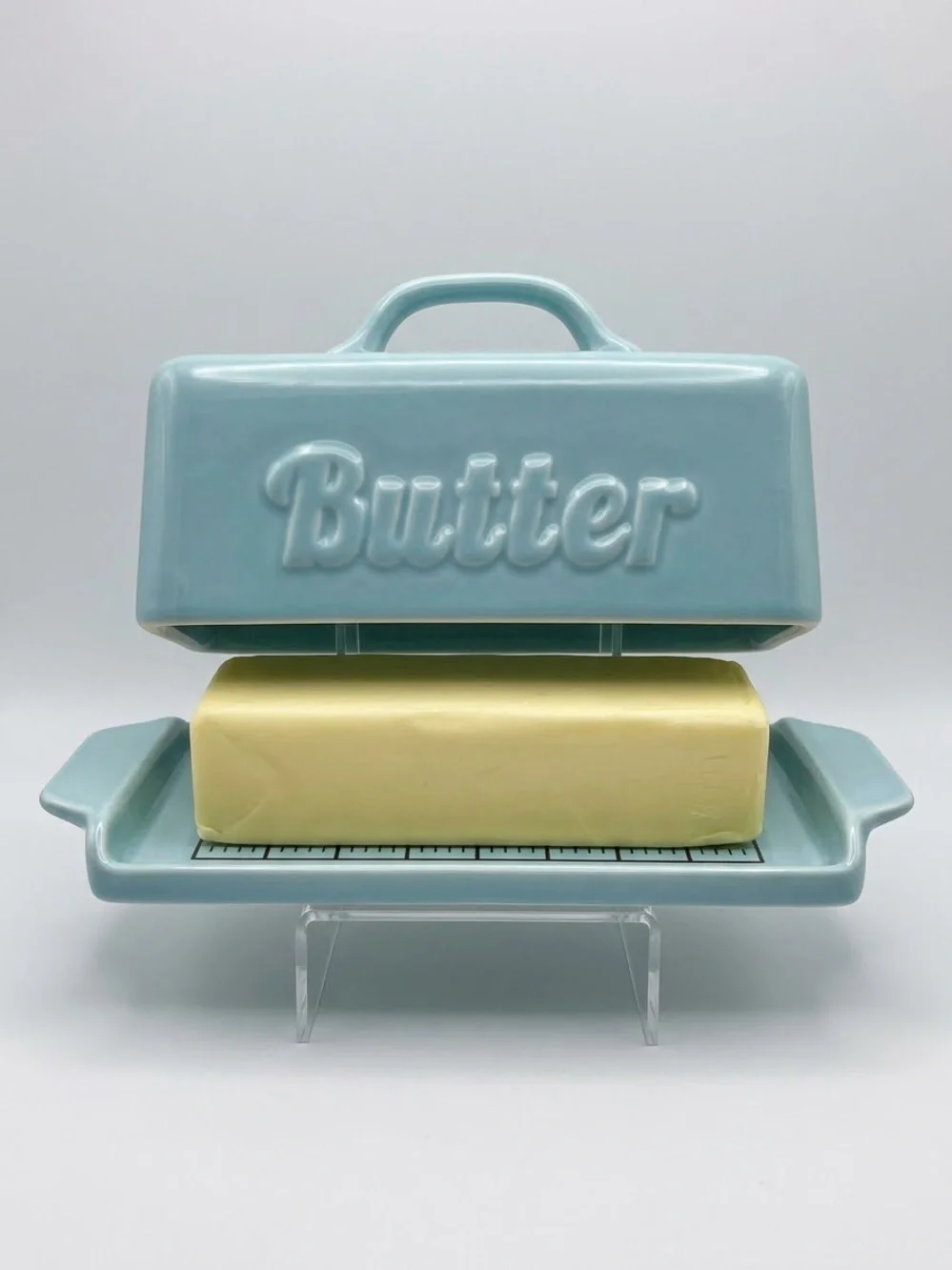 Blue Ceramic Covered Butter Dish with Measurement Lines